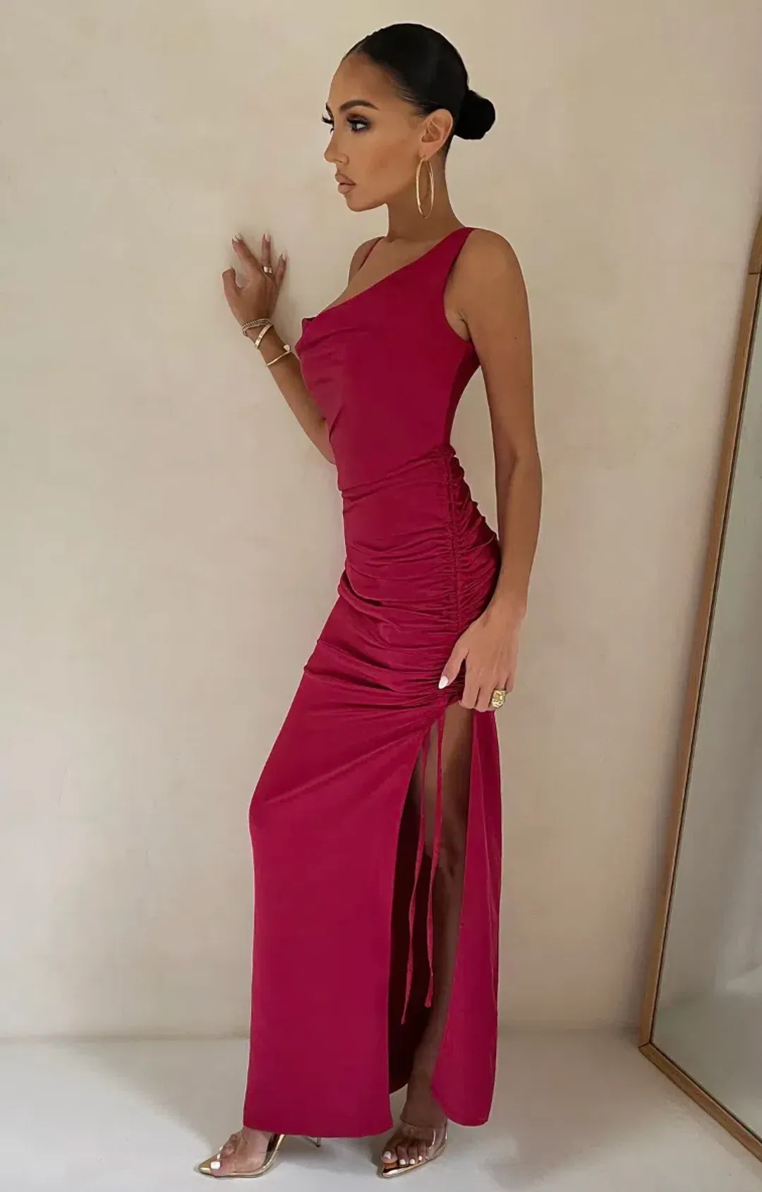 Club L London Belonging Berry Ruched Cowl Maxi Dress Pink Size 8 for rent on The Volte - main image