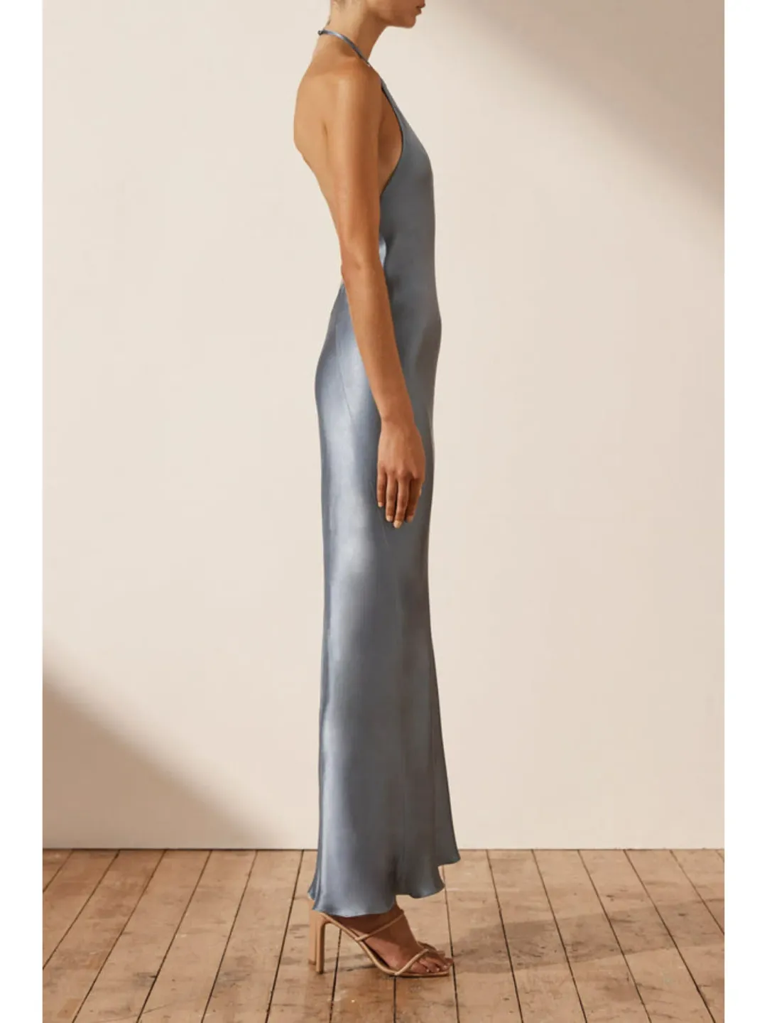 Shona Joy La Lune Low Back Halter Neck Midi Dress Blue Smoke Size AU 14 for rent on The Volte - main image