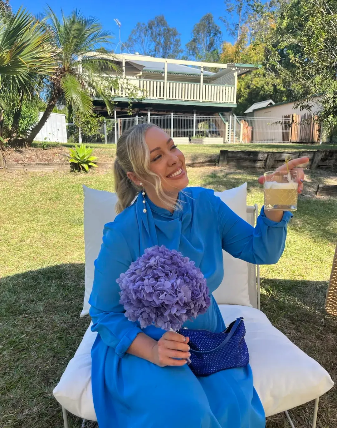 Scanlan Theodore Silk Drape Neck Midi Dress Bright Blue Size 12 for rent on The Volte - main image