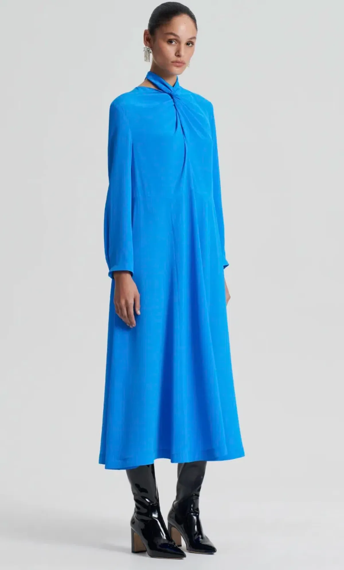 Scanlan Theodore Silk Drape Neck Midi Dress Bright Blue Size 12 - Image 4