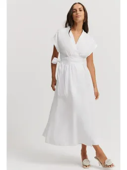 Country Road Organically Grown Linen Wrap Midi Dress White Size AU 10 for rent on The Volte - image 1