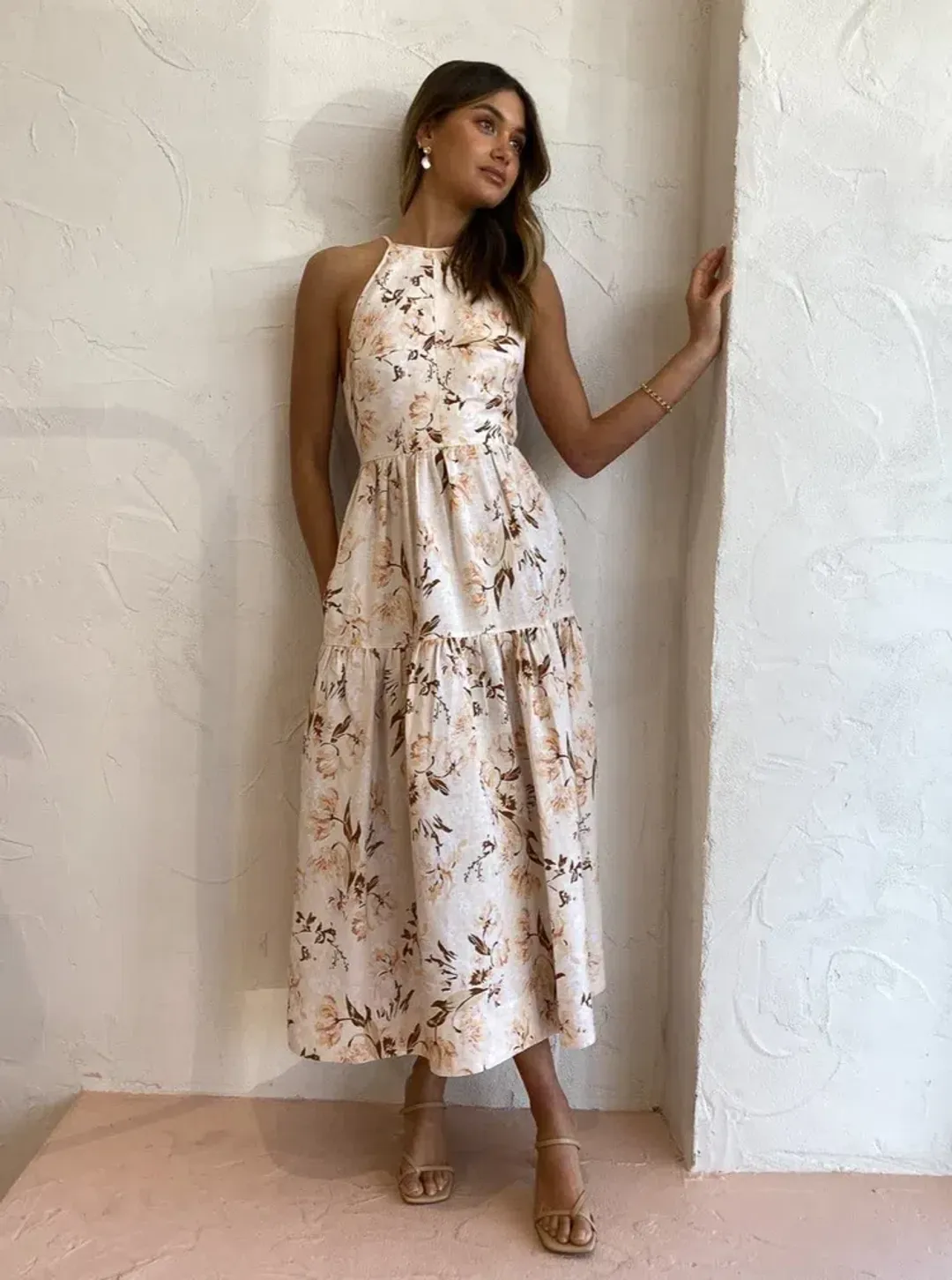 Shona Joy Roxanne Linen Open Back Tiered Midi Dress Floral Size AU 10 for rent on The Volte - main image