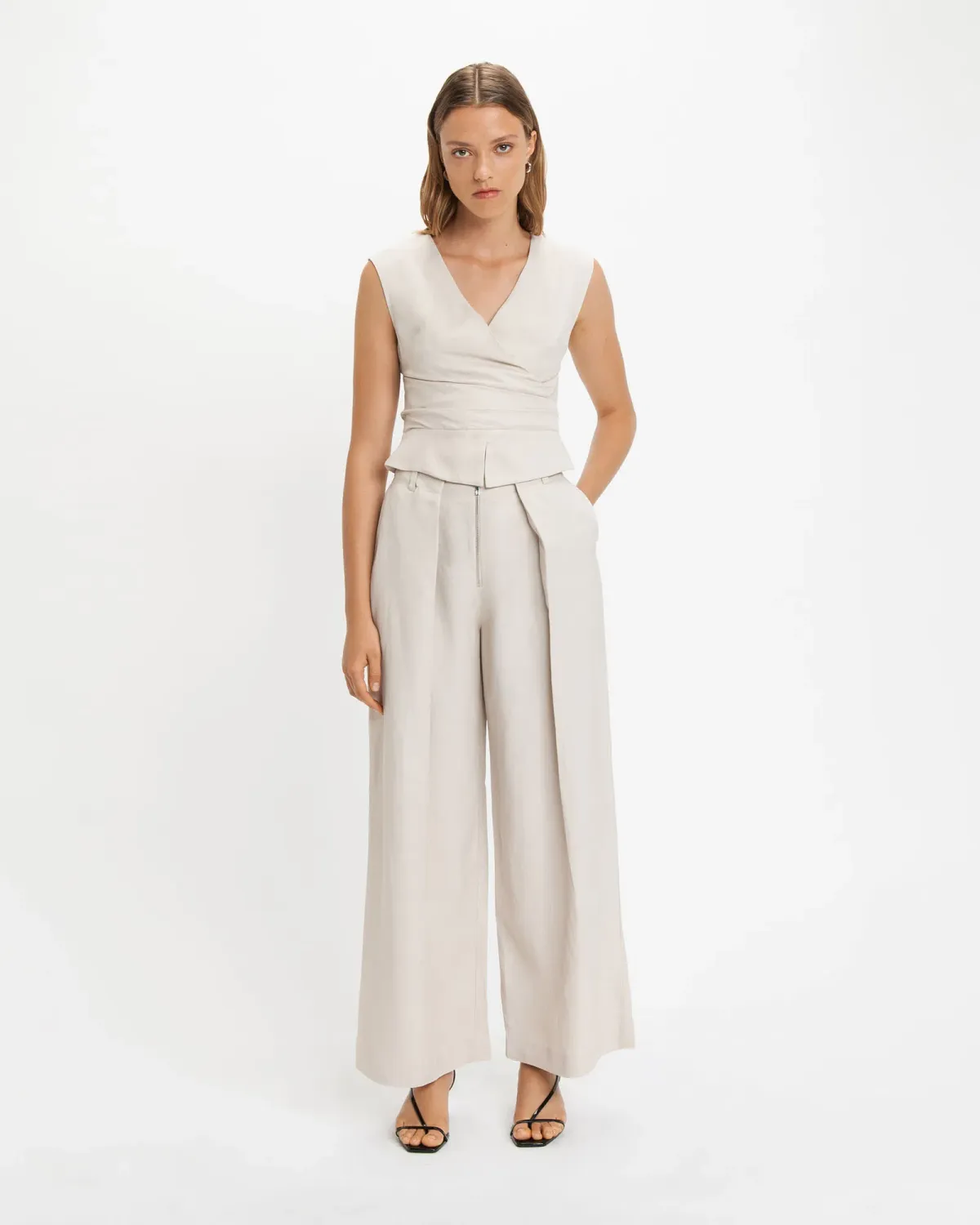 Cue Zip Front Wide Leg Pant Stone Size AU 12 - Image 1
