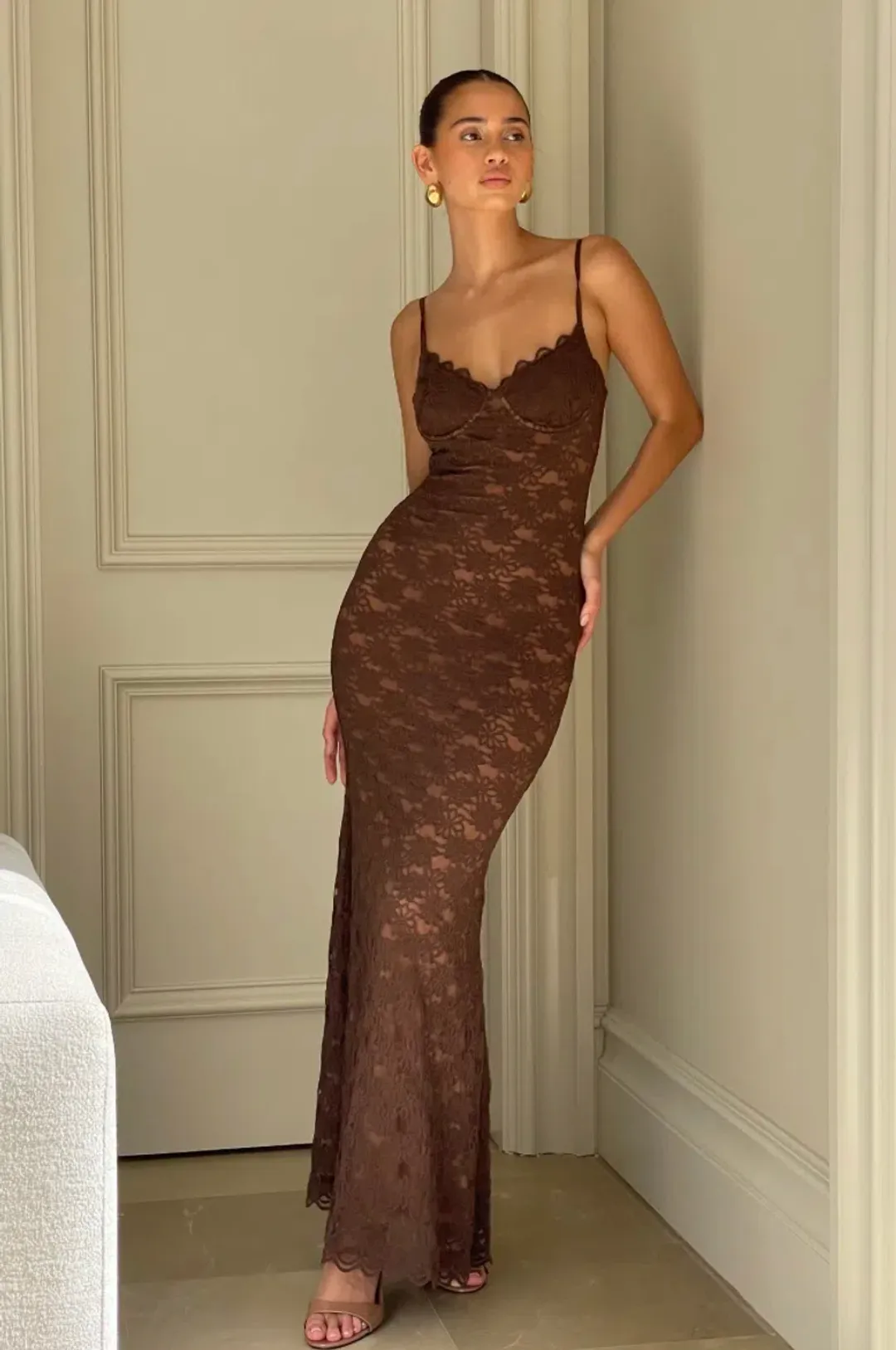 Meshki Joelle Lace Cupped Maxi Dress Chocolate Size L/Au 12 for rent on The Volte - main image