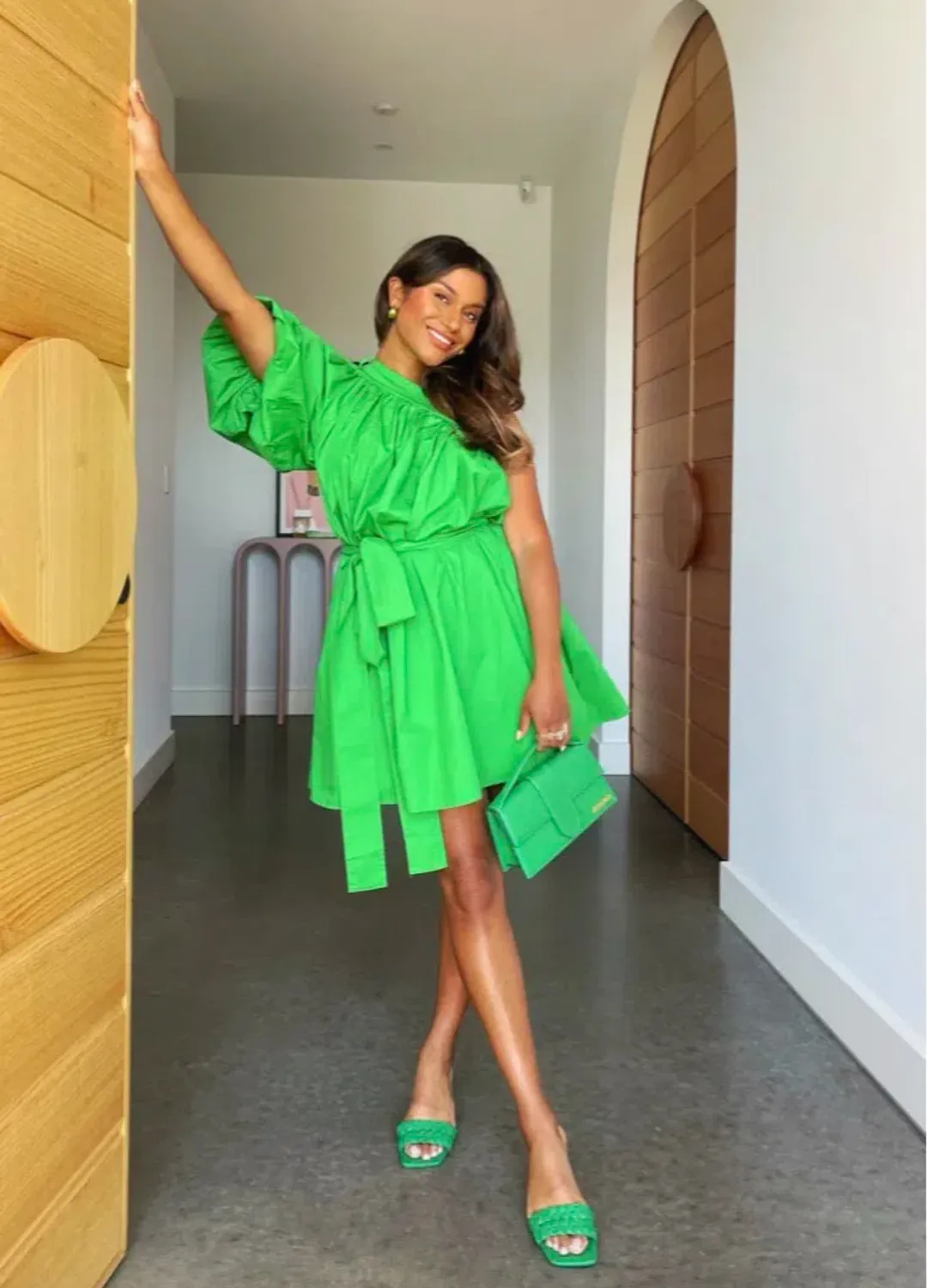 Oroton One Shoulder Mini Dress Green Size 6 for rent on The Volte - main image