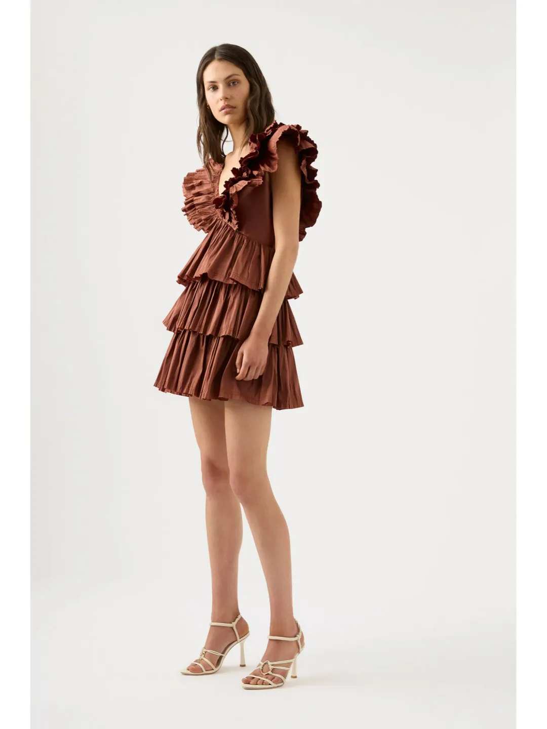 Aje Rhythmic Frilled Mini Dress Coffee Size AU 14 for rent on The Volte - main image