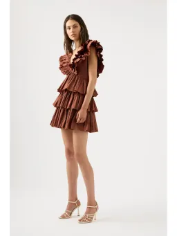 Aje Rhythmic Frilled Mini Dress Coffee Size AU 14 for rent on The Volte - image 3