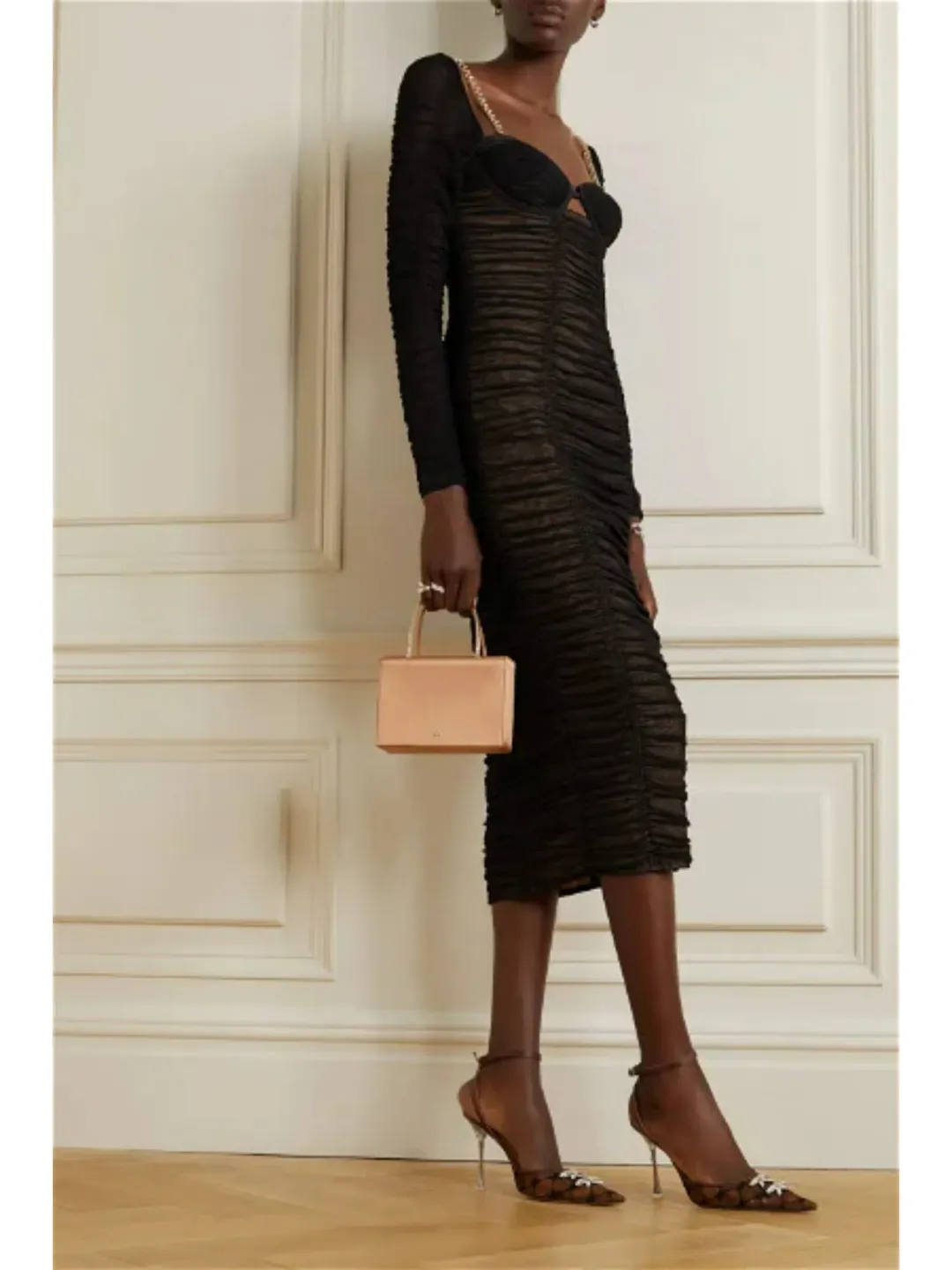 Self Portrait Crystal-Embellished Cutout Ruched Stretch-Mesh Midi Dress Black Size AU 12 for rent on The Volte - main image