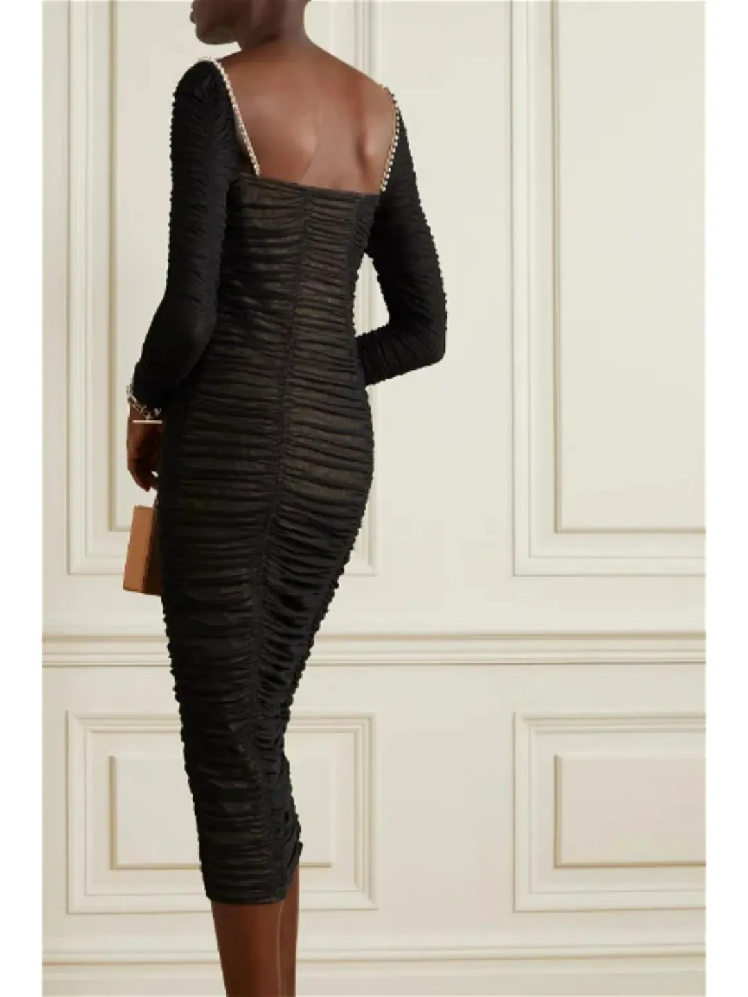 Self Portrait Crystal-Embellished Cutout Ruched Stretch-Mesh Midi Dress Black Size AU 12 for rent on The Volte - main image