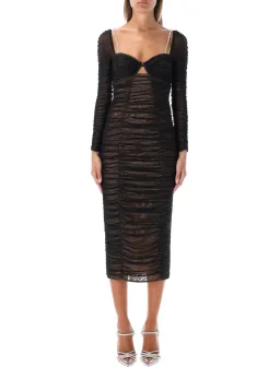 Self Portrait Crystal-Embellished Cutout Ruched Stretch-Mesh Midi Dress Black Size AU 12 for rent on The Volte - image 1