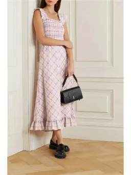 Ganni Ruffle-trim Seersucker Checked Midi Dress In Multi Size AU 10 for rent on The Volte - image 1