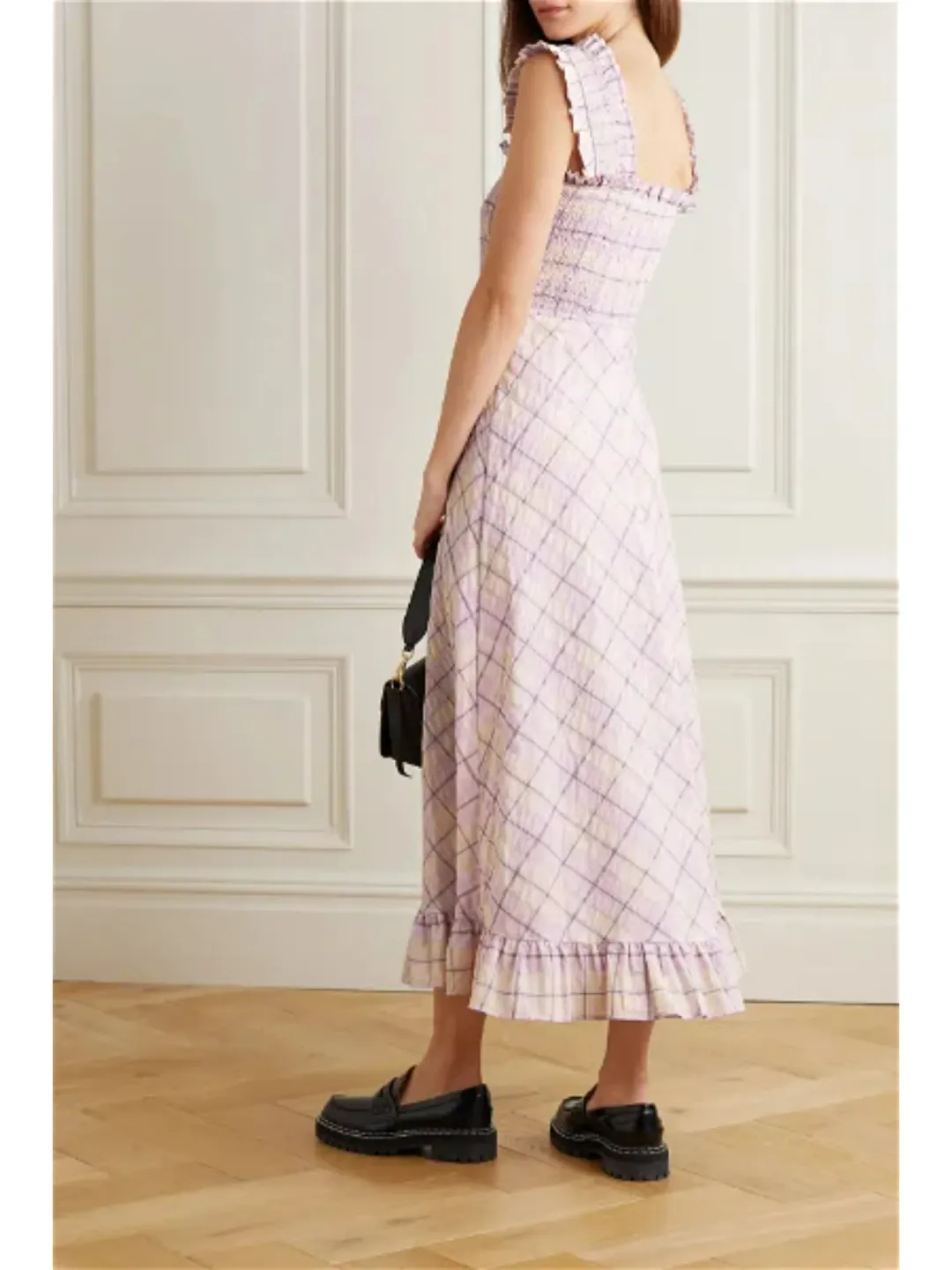 Ganni Ruffle-trim Seersucker Checked Midi Dress In Multi Size AU 10 for rent on The Volte - main image