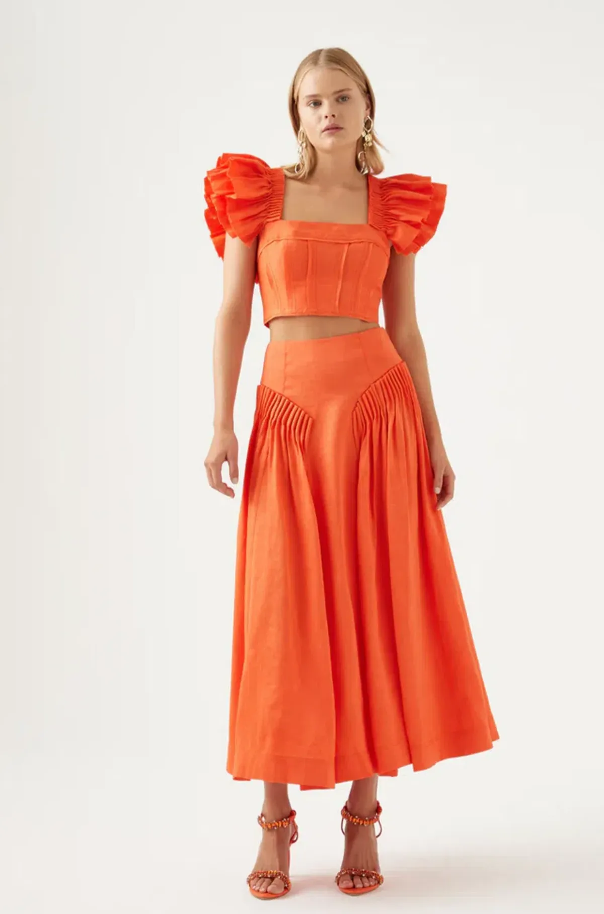 Aje Imagination Frill Top & Yves Midi Skirt in Orange Size 10 - Image 1
