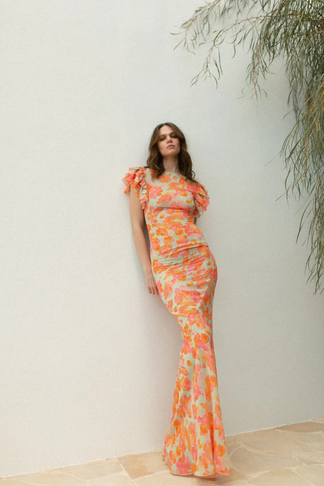 De La Vali Bougainvillea Maxi Dress Chiffon Sage Floral Size 6 for rent on The Volte - main image