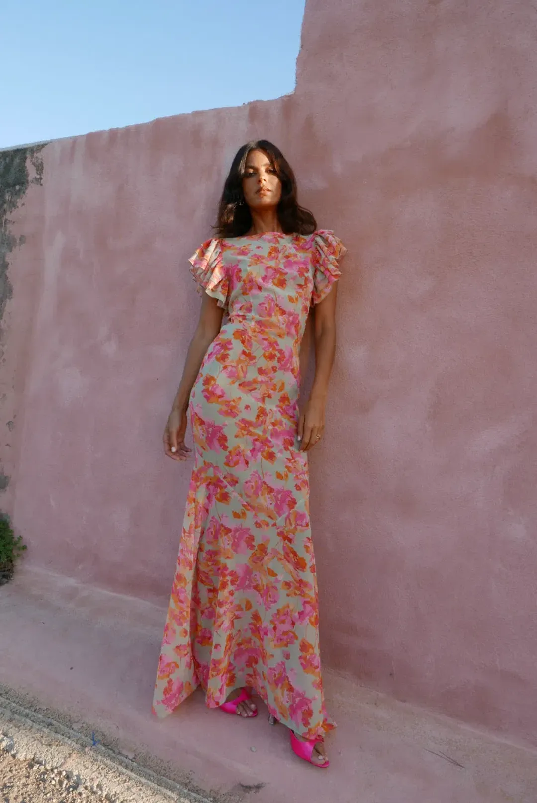 De La Vali Bougainvillea Maxi Dress Chiffon Sage Floral Size 6 for rent on The Volte - main image