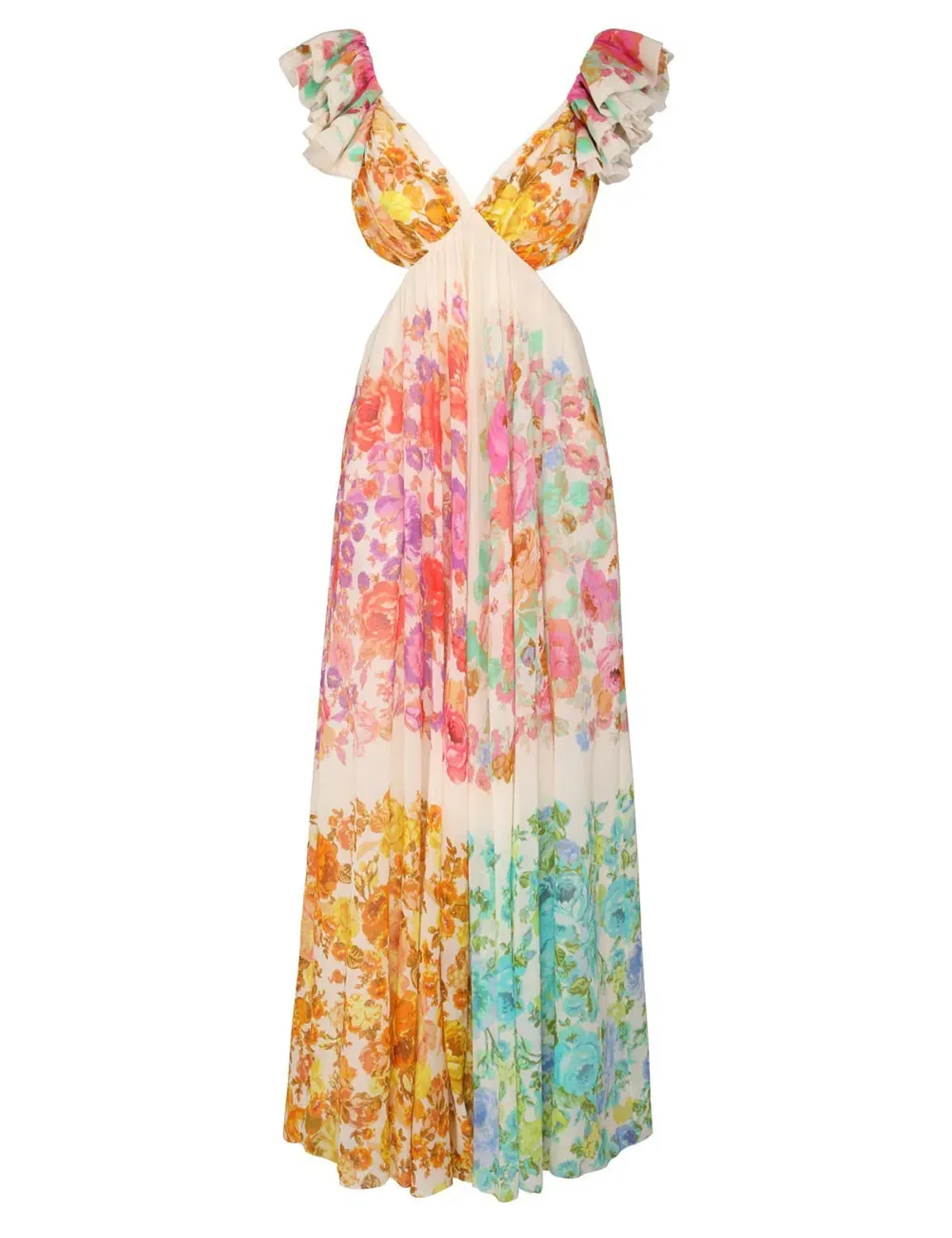 Zimmermann Raie Cut Out Ruffled Printed Silk-Chiffon Midi Dress Multi Floral Size 4/ AU 16 - Image 3
