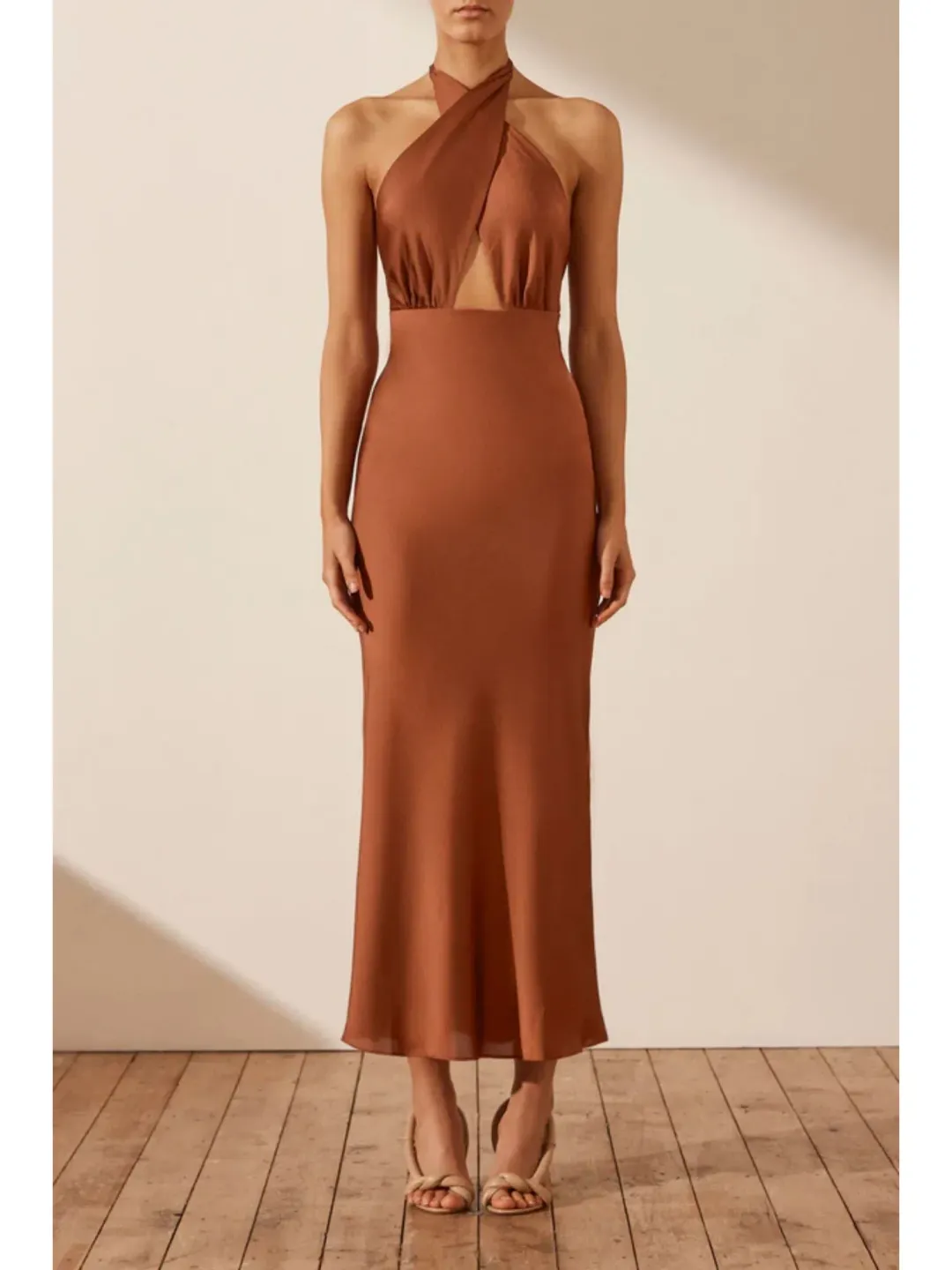 Shona Joy Luxe Cross Front Halter Midi Dress Mocha Size AU 12 for rent on The Volte - main image