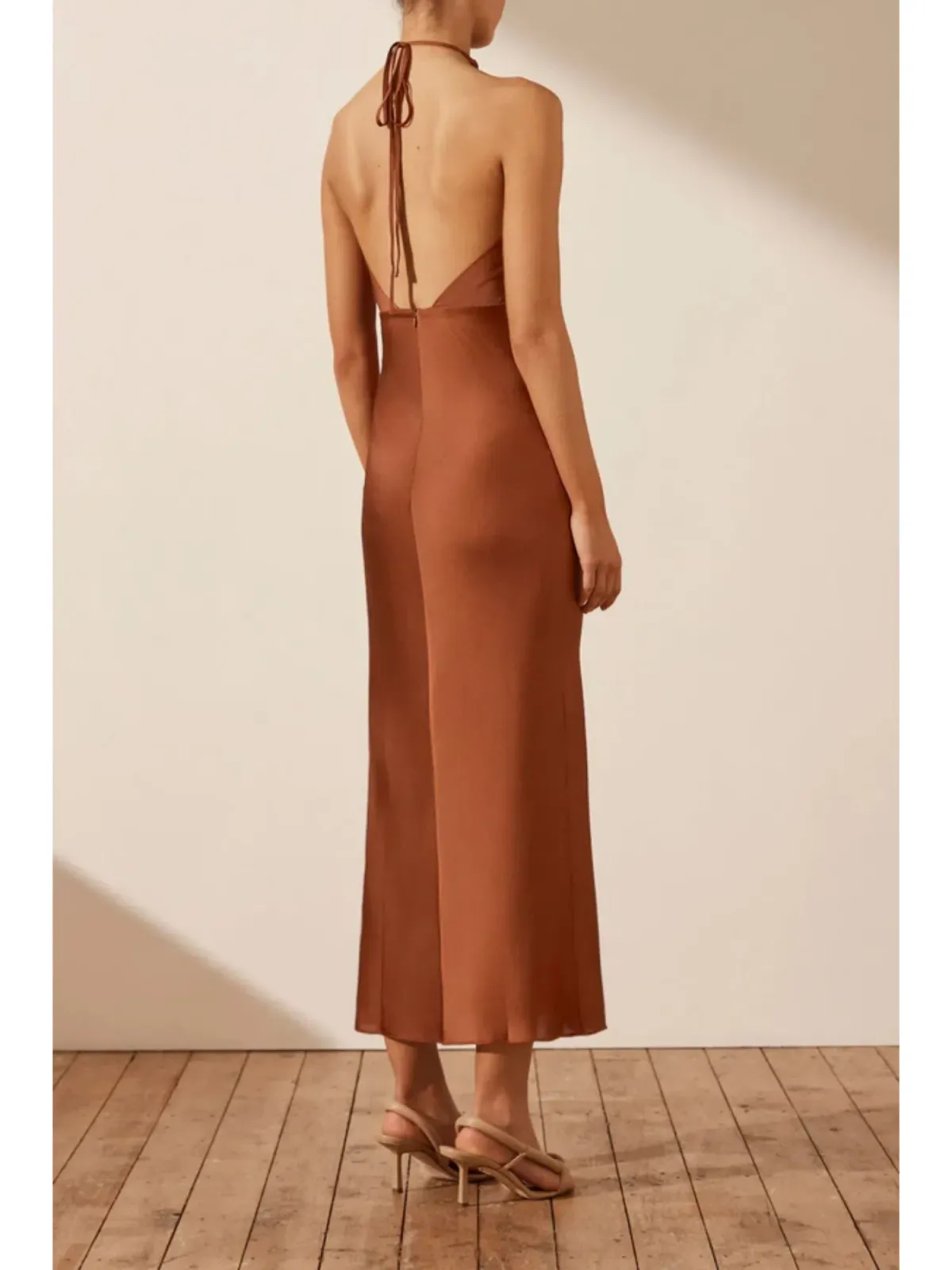 Shona Joy Luxe Cross Front Halter Midi Dress Mocha Size AU 12 - Image 4