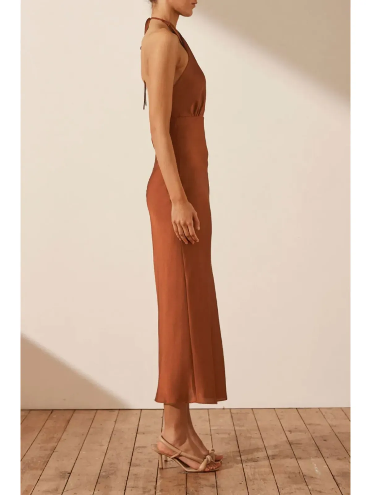 Shona Joy Luxe Cross Front Halter Midi Dress Mocha Size AU 12 - Image 3