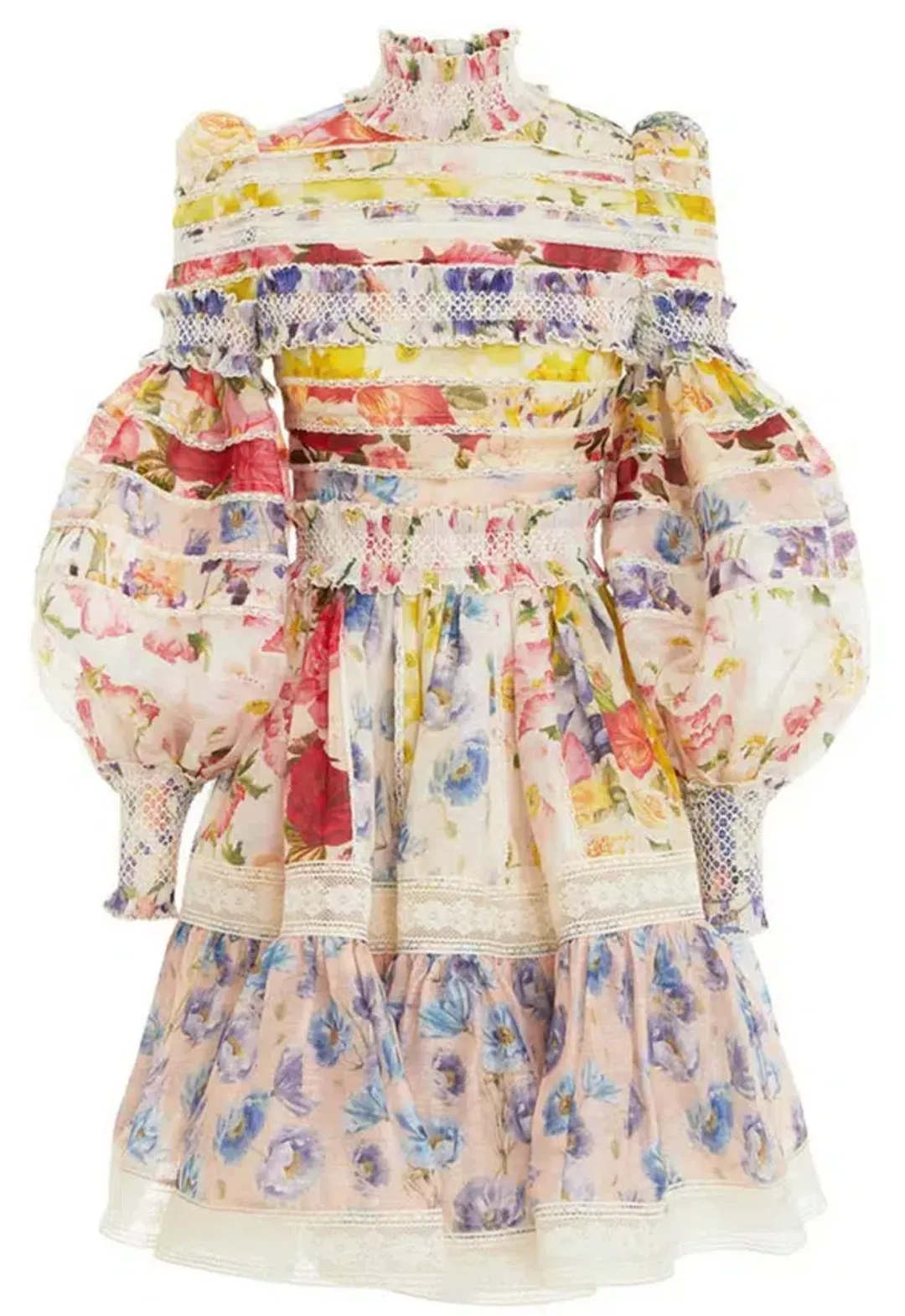Zimmermann The Wonderland Smocked Mini Dress in Spliced Multi Floral Size 2 / AU 12 for rent on The Volte - main image