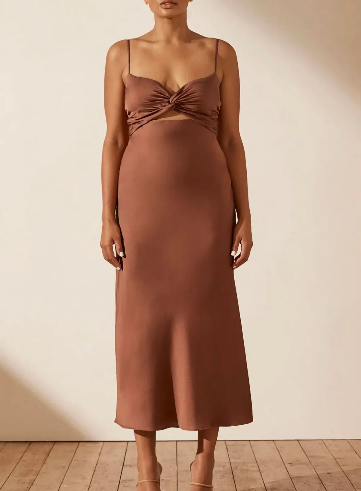 Shona Joy Luxe Twist Front Sleeveless Midi Dress Mocha Size AU 16 - Image 1