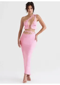 House of CB Lorena Floaty Cropped Top and Mathilda Lace Trim Skirt Set Pink Size 8 for rent on The Volte - image 1