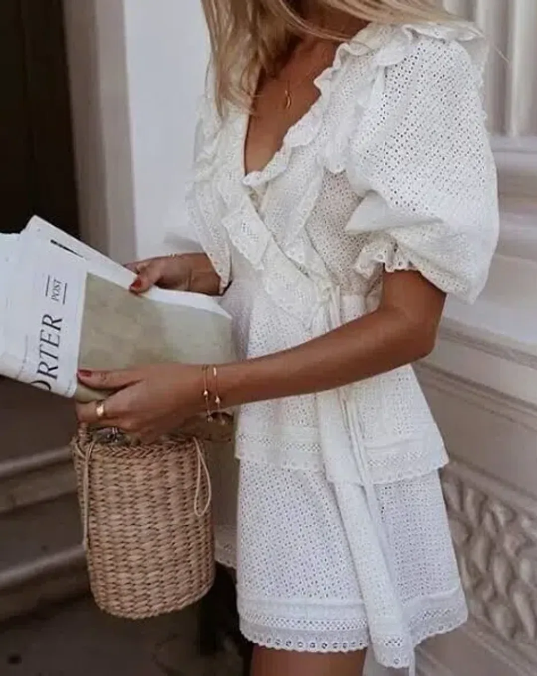 Shona Joy Ackley Broderie Frill Puff Sleeve Mini Dress White Size 12 for rent on The Volte - main image