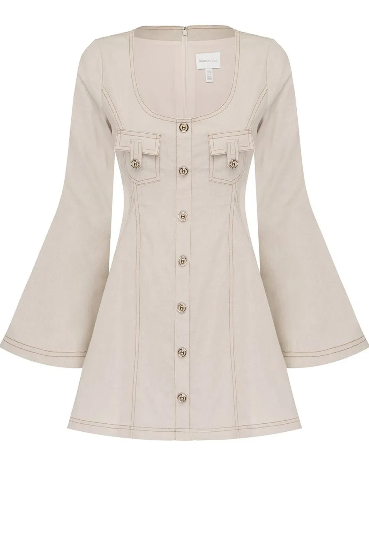 Alice McCall Lost Together Linen Bell Flared Sleeves Mini Dress in Oatmeal Size 10 - Image 4