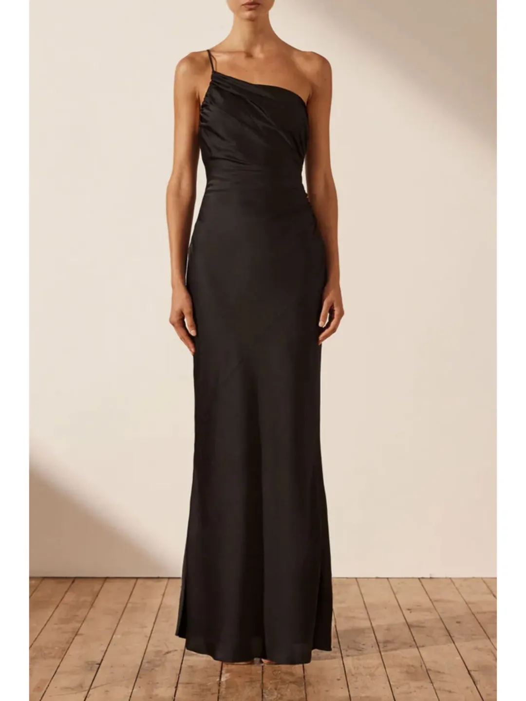 Shona Joy Asymmetrical Gathered Maxi Dress in Black Size AU 6 for rent on The Volte - main image