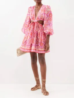 Zimmermann Halcyon Tie Front Mini Dress in Pink Paisley Size 1 / AU 10 for rent on The Volte - image 1