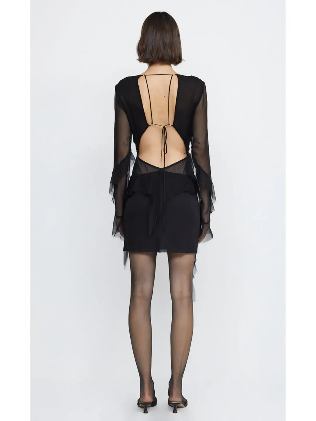 Bec & Bridge Aurelie Frill Long Sleeve Mini Dress Black Size AU 6 for rent on The Volte - main image