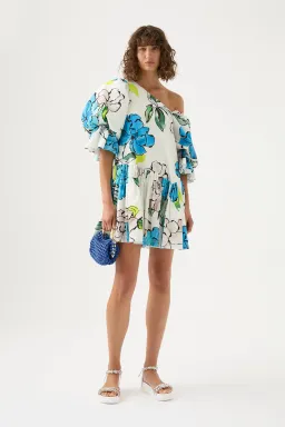 Aje Cy Off Shoulder Smock Mini Dress Cool Camelia Floral Print Size 10 for rent on The Volte - image 1