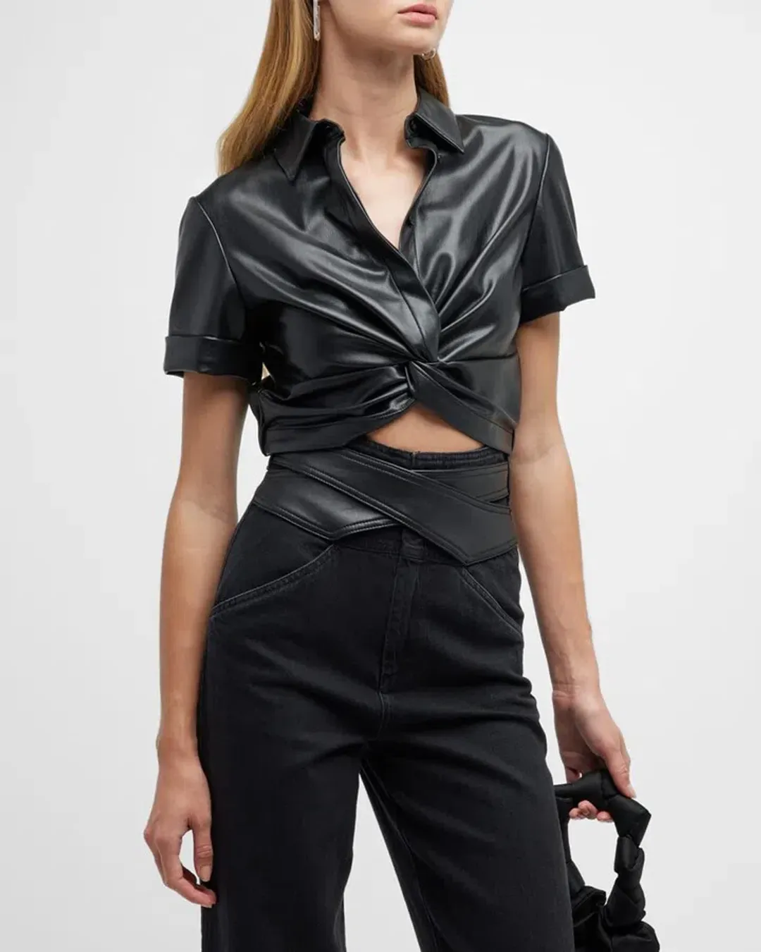 Alice + Olivia Phebe Cropped Twisted Vegan Leather Top Black Size S/ AU 8 for rent on The Volte - main image