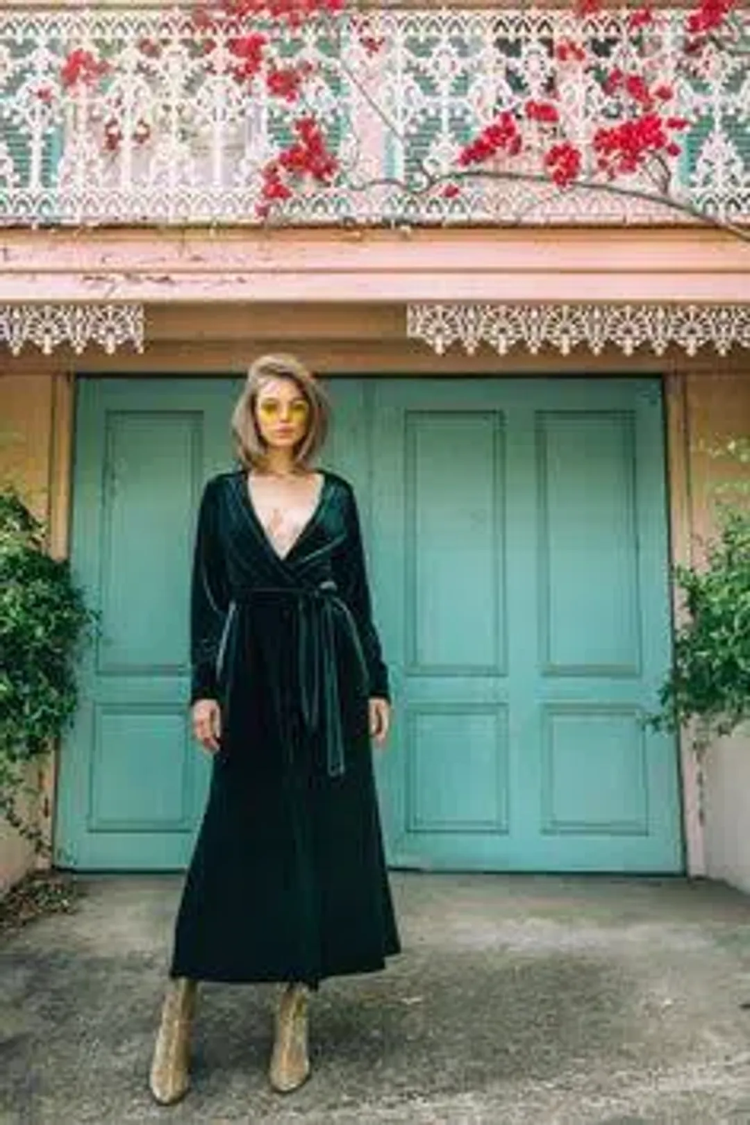 Isabelle Quinn Green Velvet Midi Long Sleeve Wrap Dress Green Size 8 for rent on The Volte - main image