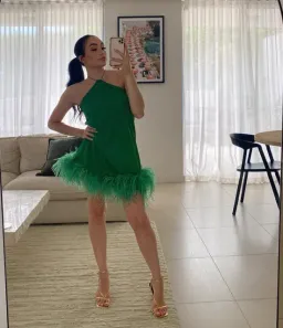 Oseree Lurex Detail Feather Trim Mini Dress Green Size S/M for rent on The Volte - image 3