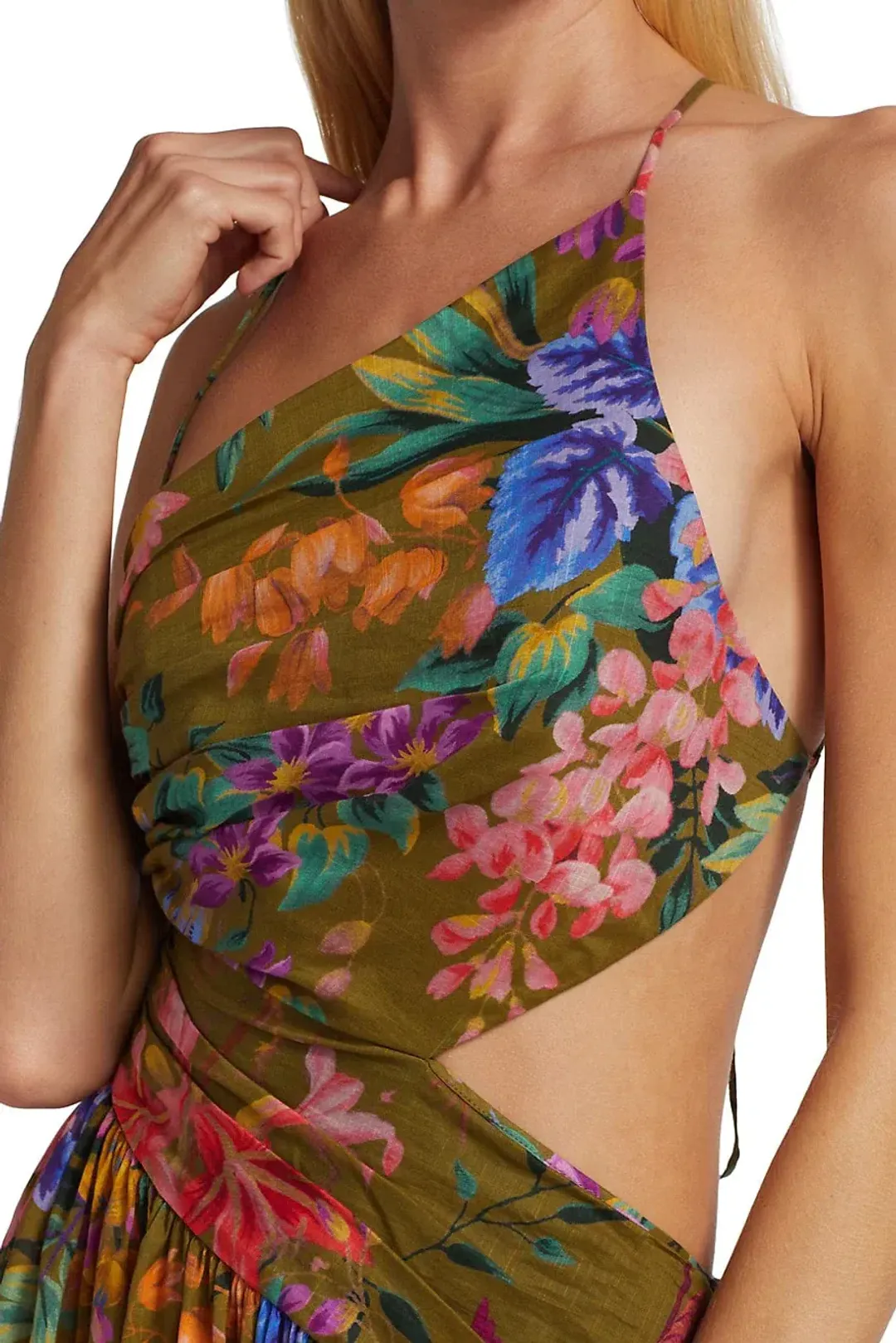 Zimmermann Tropicana Asymmetric Dress Khaki Floral Size 1 / AU 10 for rent on The Volte - main image