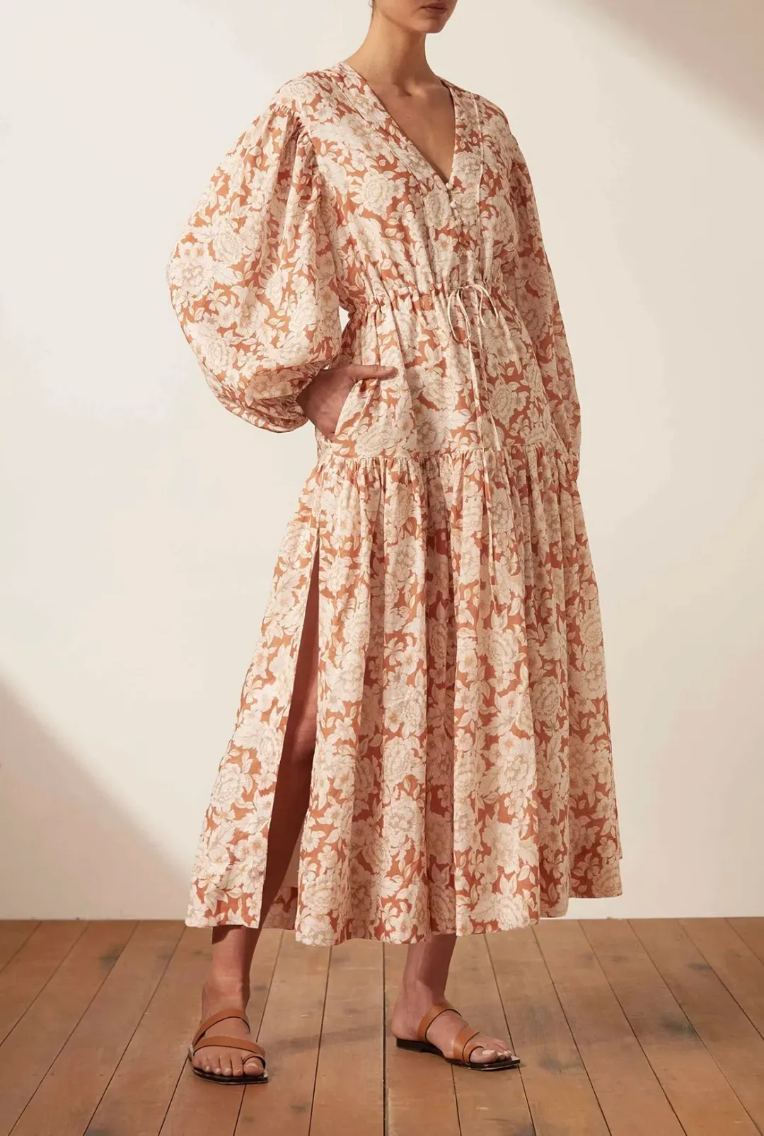 Shona Joy Flor Balloon Sleeve Drawstring Midi Dress Floral Size 12 for rent on The Volte - main image