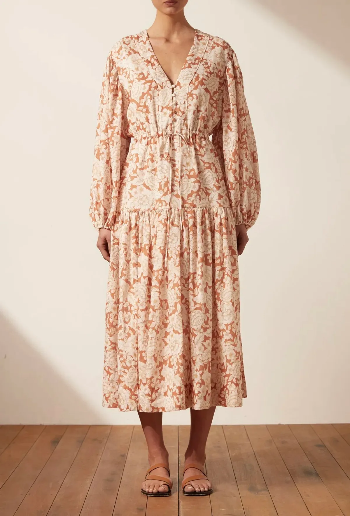 Shona Joy Flor Balloon Sleeve Drawstring Midi Dress Floral Size 12 for rent on The Volte - main image