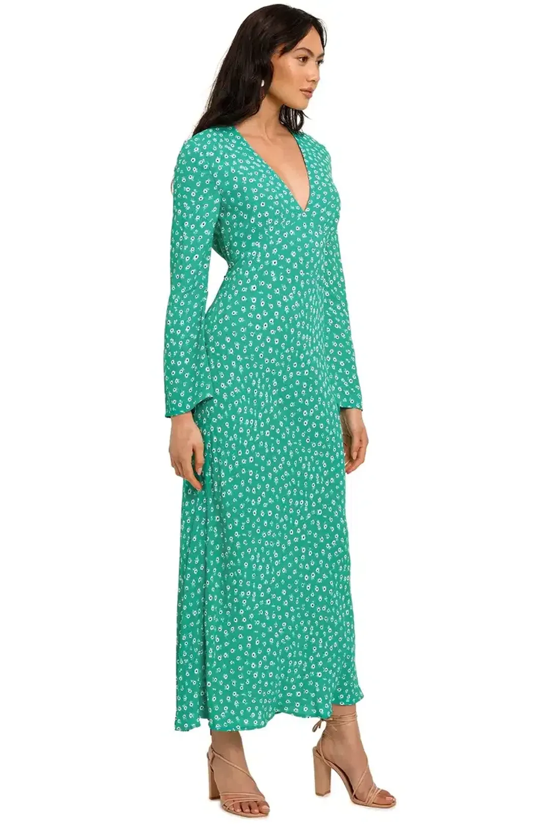 Rixo London Arielle Flared Sleeve Midi Dress Green Floral Size 8 for rent on The Volte - main image