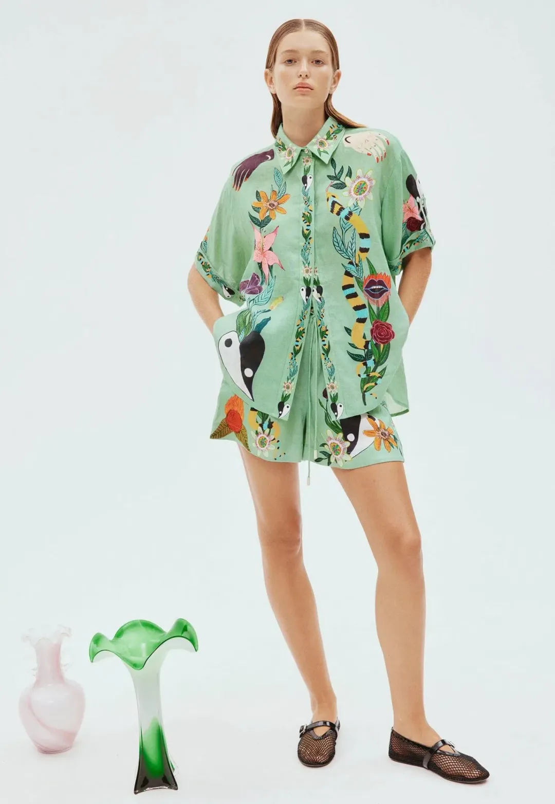 Alemais Meagan Shirt Size 8 and Shorts Size 10 Set Green Print for rent on The Volte - main image