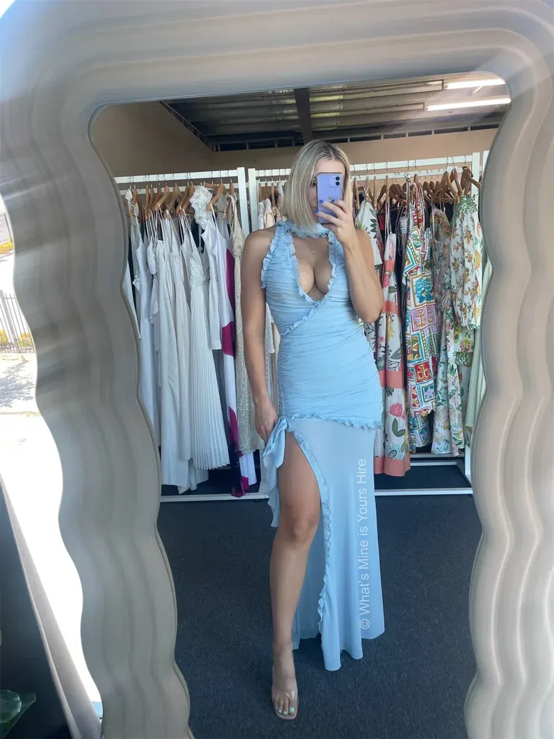 De La Vali Lilith Ruched Maxi Dress in Blue Chiffon Size 6 for rent on The Volte - main image