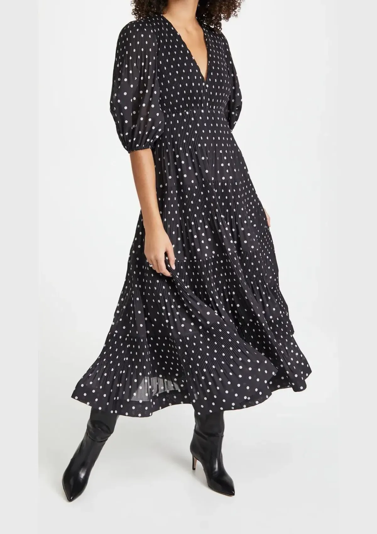 Zimmermann Pleated Long Sleeve Midi Dress in Black & Pearl Polka Dot Size 2 / AU 12 - Image 1