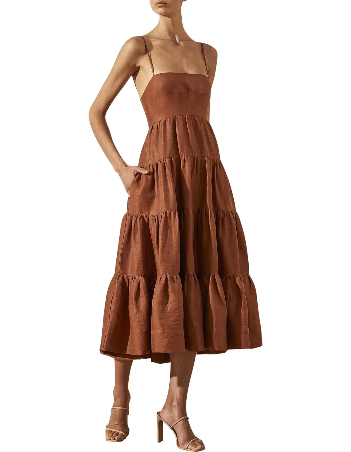 Shona Joy Elsa Linen Tiered Midi Dress Gingerbread Brown Size 12 - Image 2