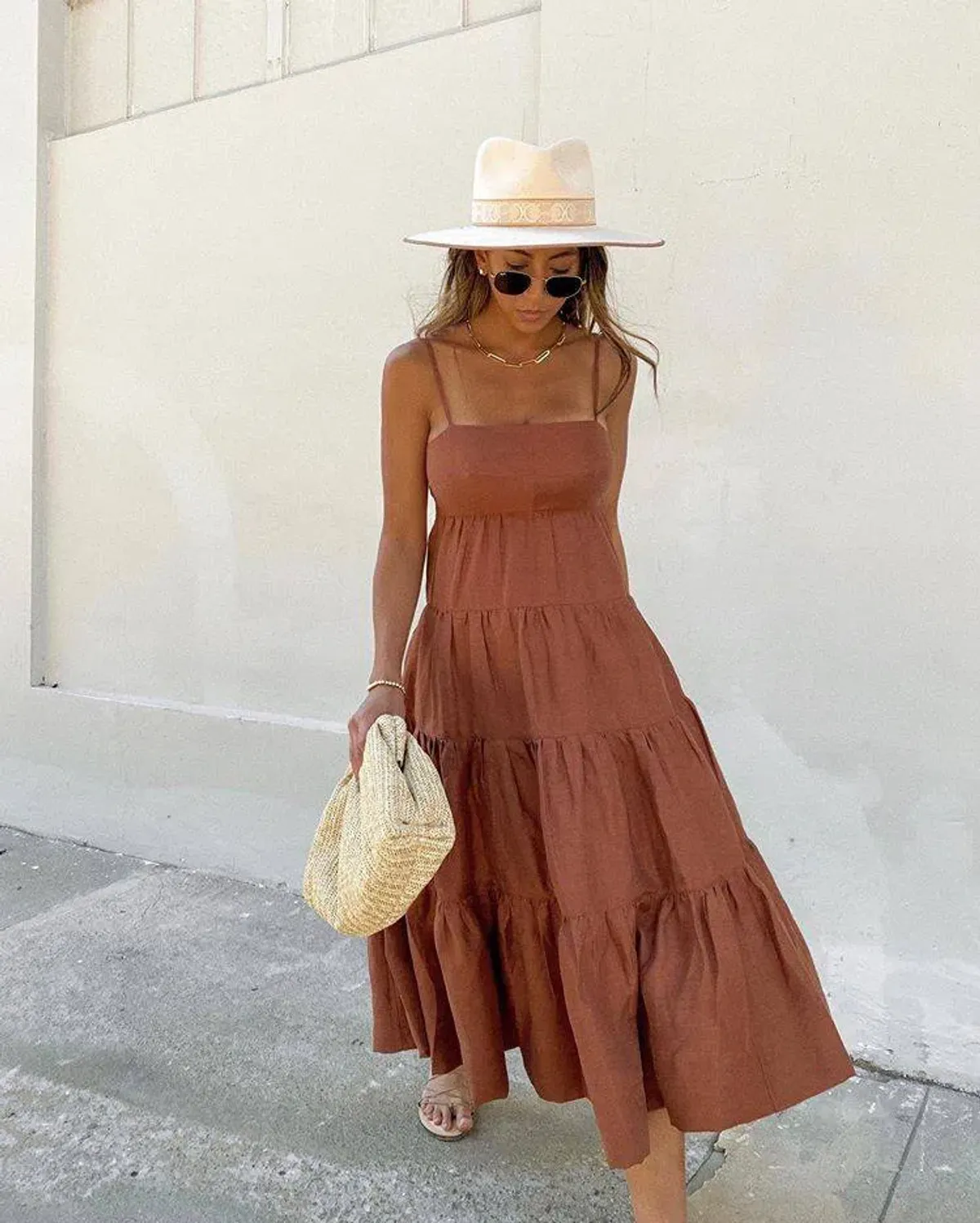 Shona Joy Elsa Linen Tiered Midi Dress Gingerbread Brown Size 12 - Image 4