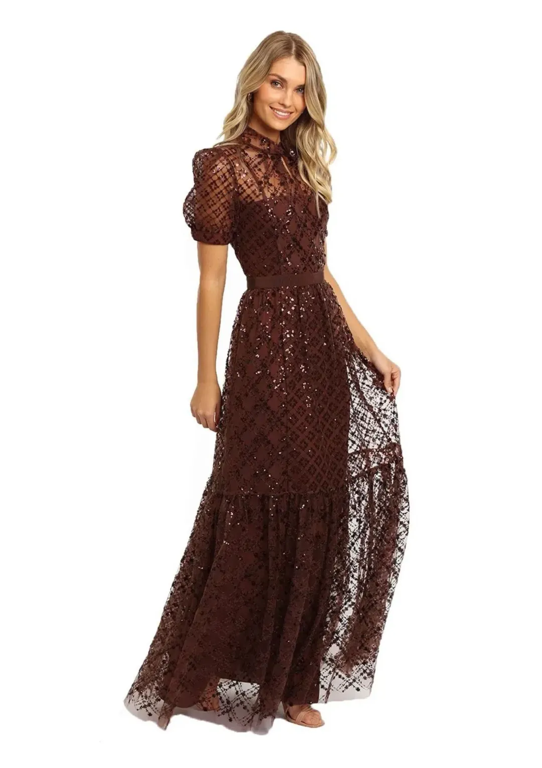 Self Portrait Grid Sequin Maxi Dress Brown Size 8 for rent on The Volte - main image
