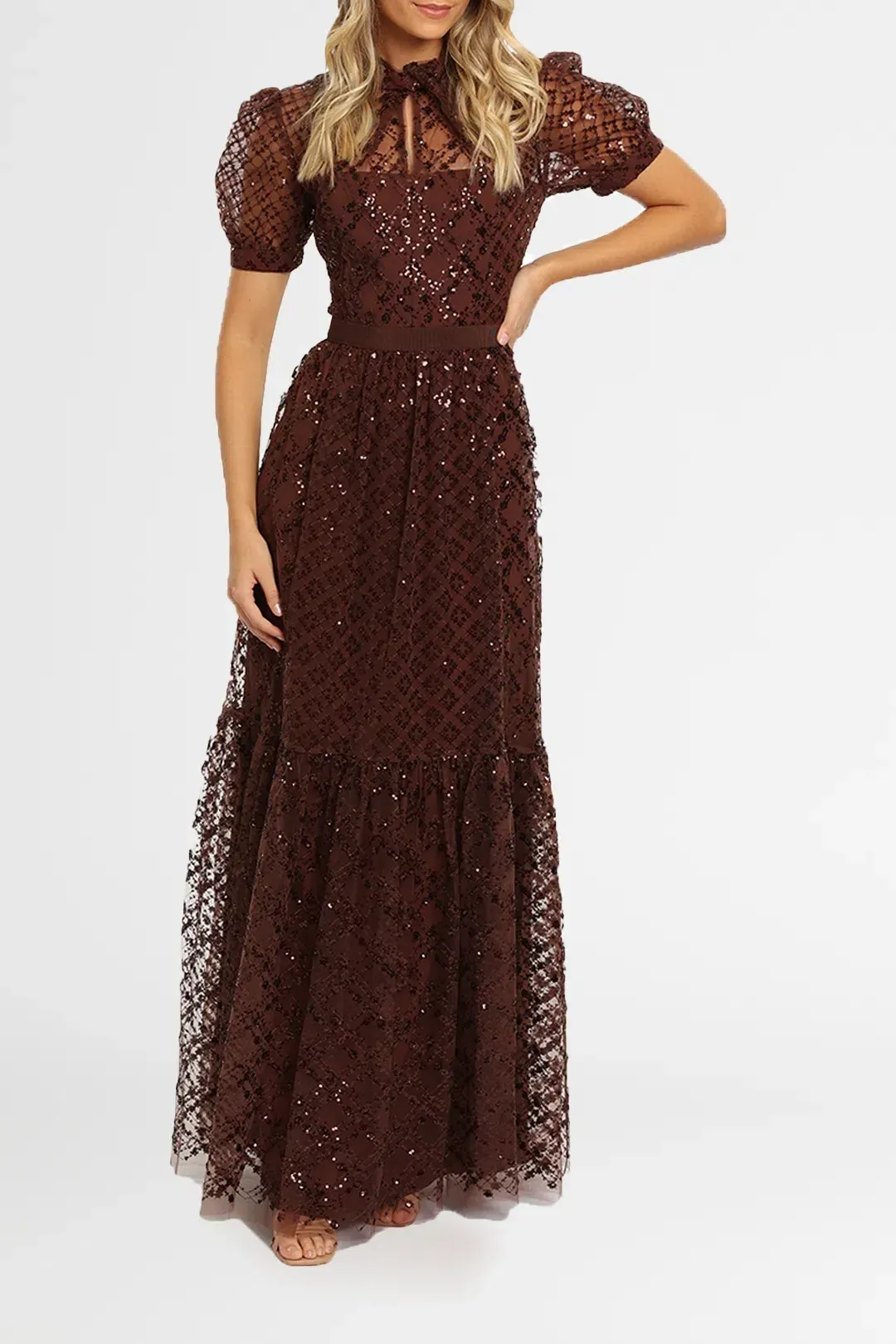 Self Portrait Grid Sequin Maxi Dress Brown Size 8 for rent on The Volte - main image