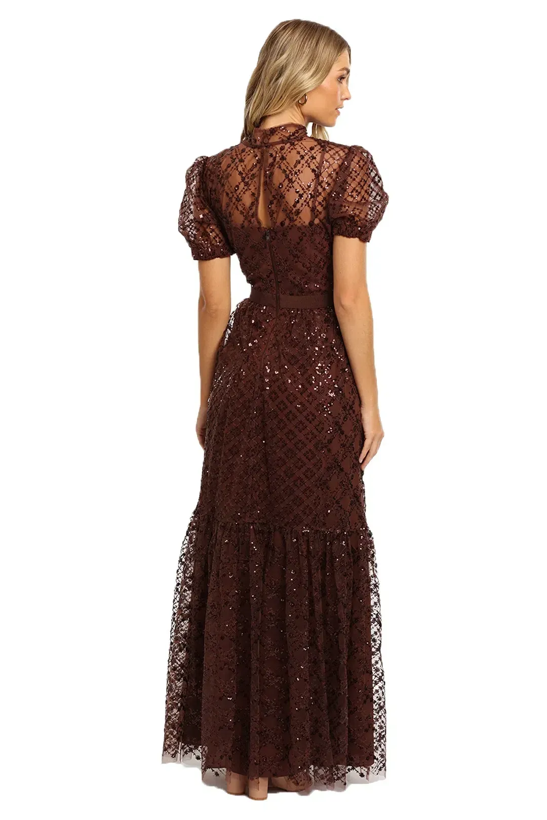 Self Portrait Grid Sequin Maxi Dress Brown Size 8 for rent on The Volte - main image