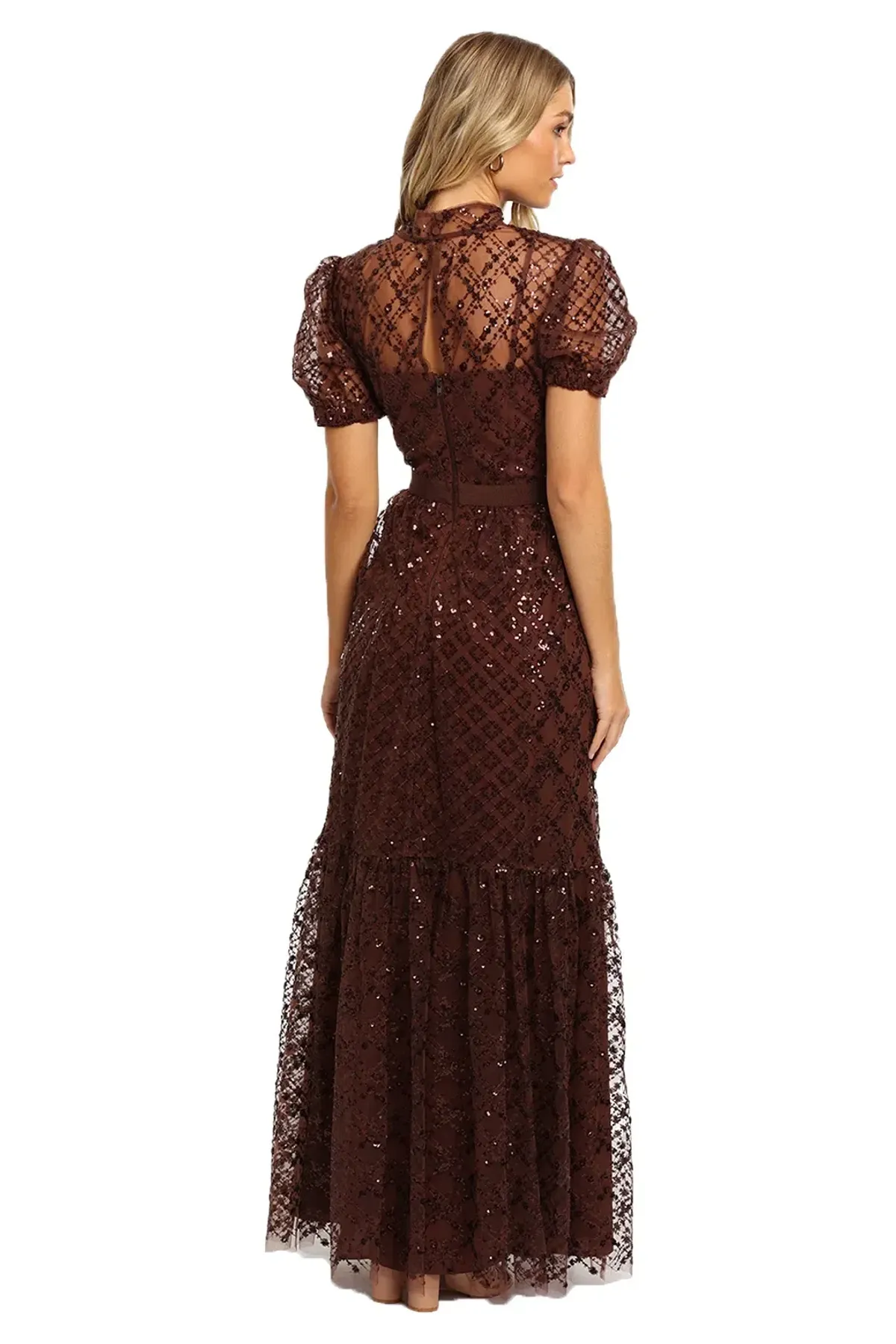 Self Portrait Grid Sequin Maxi Dress Brown Size 8 - Image 3