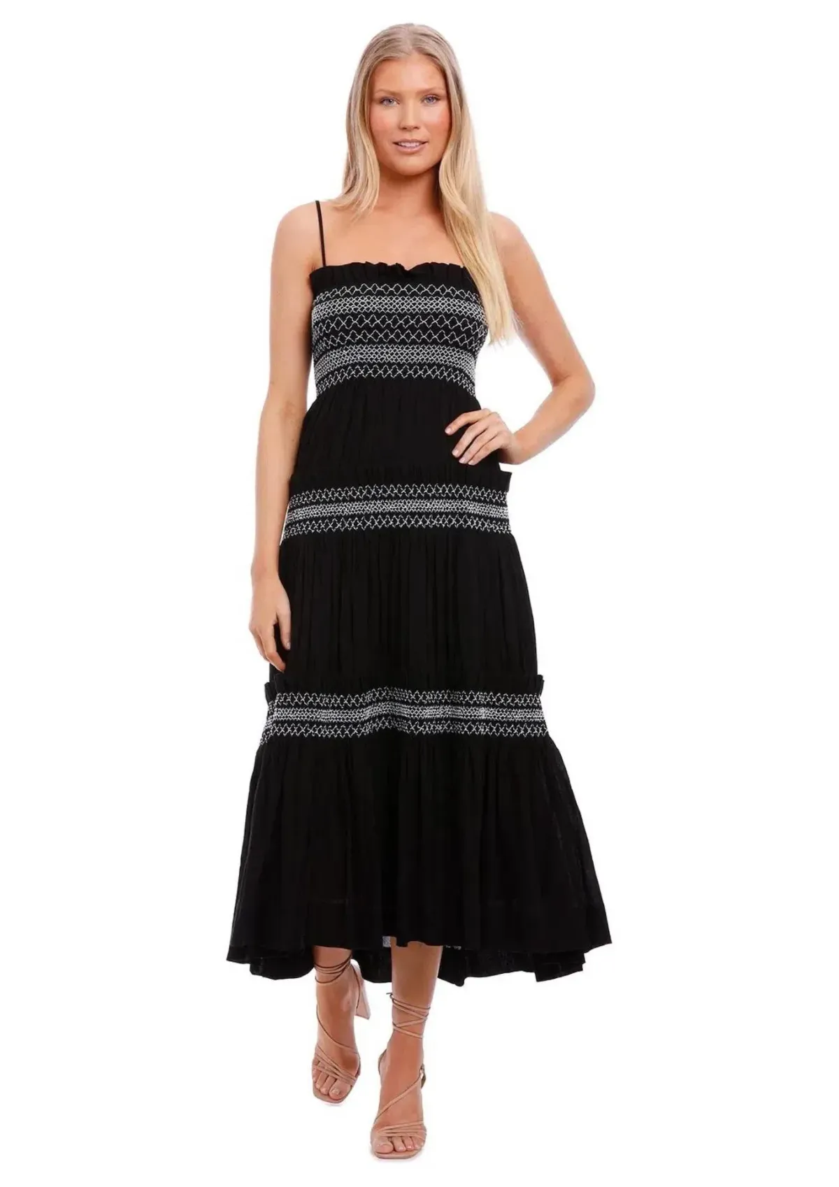 Shona Joy Leda Shirred Tiered Midi Dress Black Size 8 - Image 1