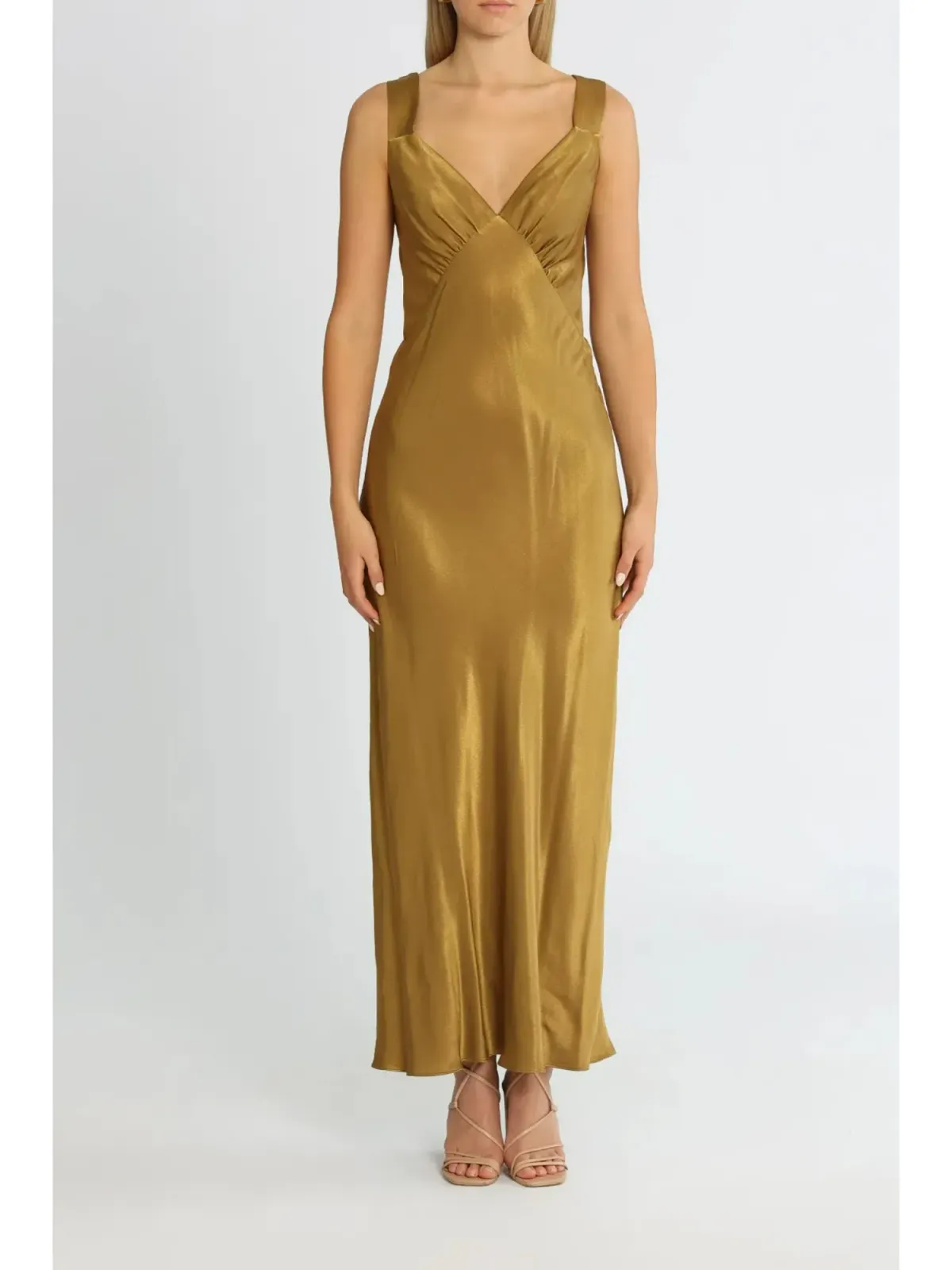 Shona Joy Giorgia Plunged Midi Dress in Olive Oil Size AU 14 - Image 1